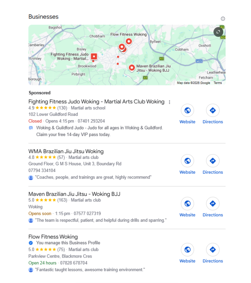 Google local search results showing Flow Fitness Woking on the map