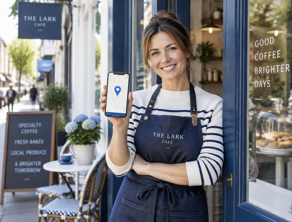 A local café owner showing her business pinned on Google Maps
